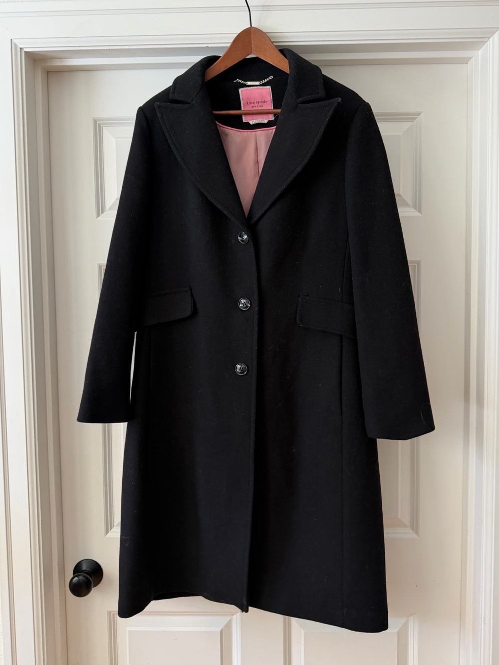 kate spade Black Single-Breasted Wool Coat with Pink Lining